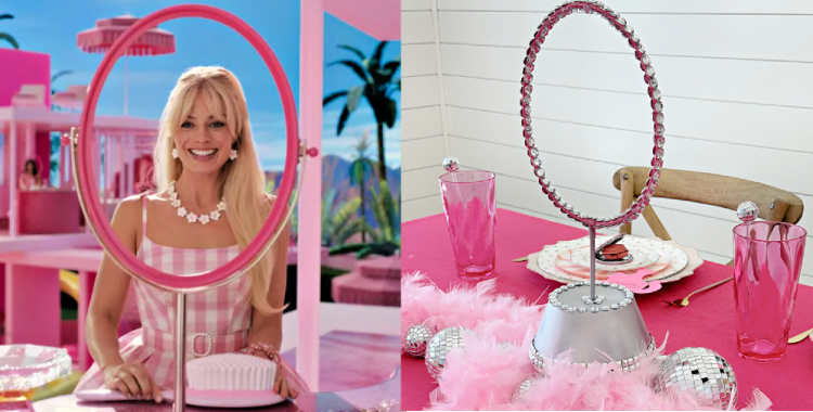 Side by side photos of a picture from the Barbie movie of Barbie looking through her "mirror" and a craft made '"mirror" for a centerpiece.  