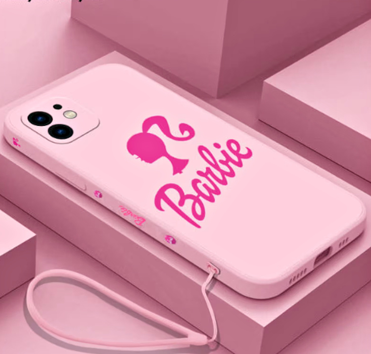 a pink barbie phone case with the barbie logo and silhouette on it. 