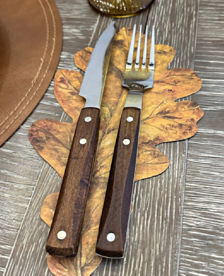 A close up of a place setting and a knife and fork with wooden handles.