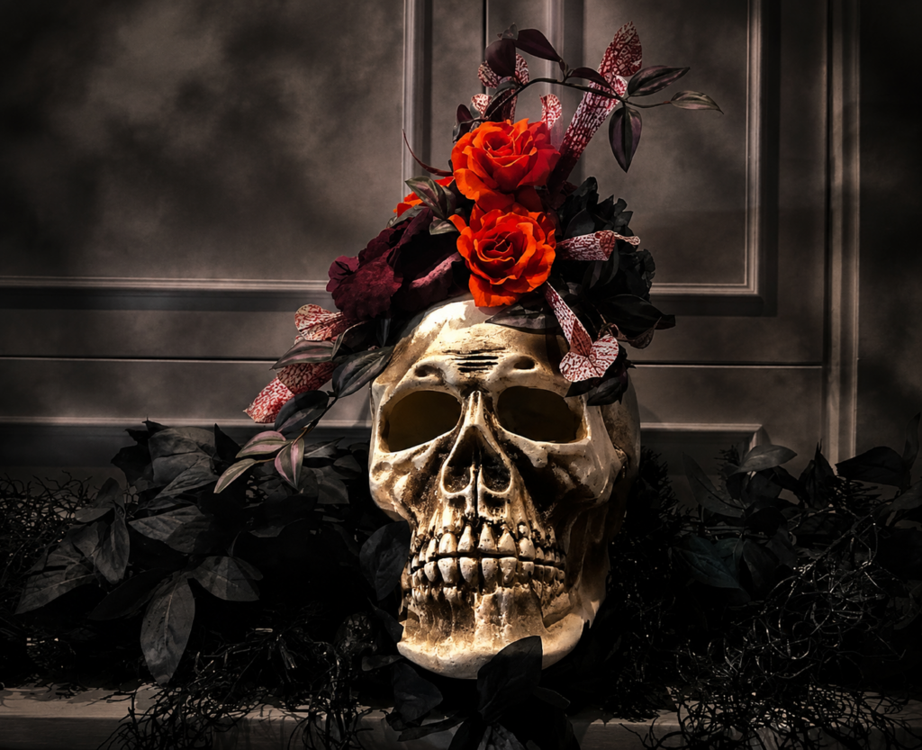 Metallic skull topped with orange roses, burgundy flowers, and patterned foliage, surrounded by black leaves against a shadowy paneled wall.