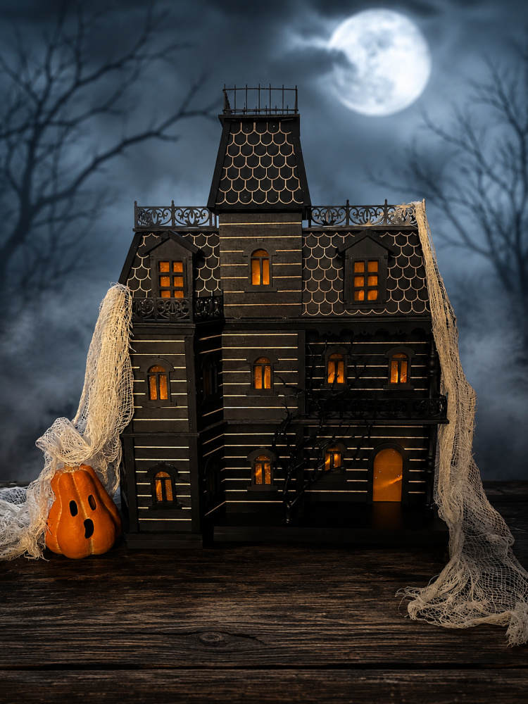 Black decorative haunted house with glowing windows, draped cobwebs, an orange ghost pumpkin, and a misty full-moon backdrop.