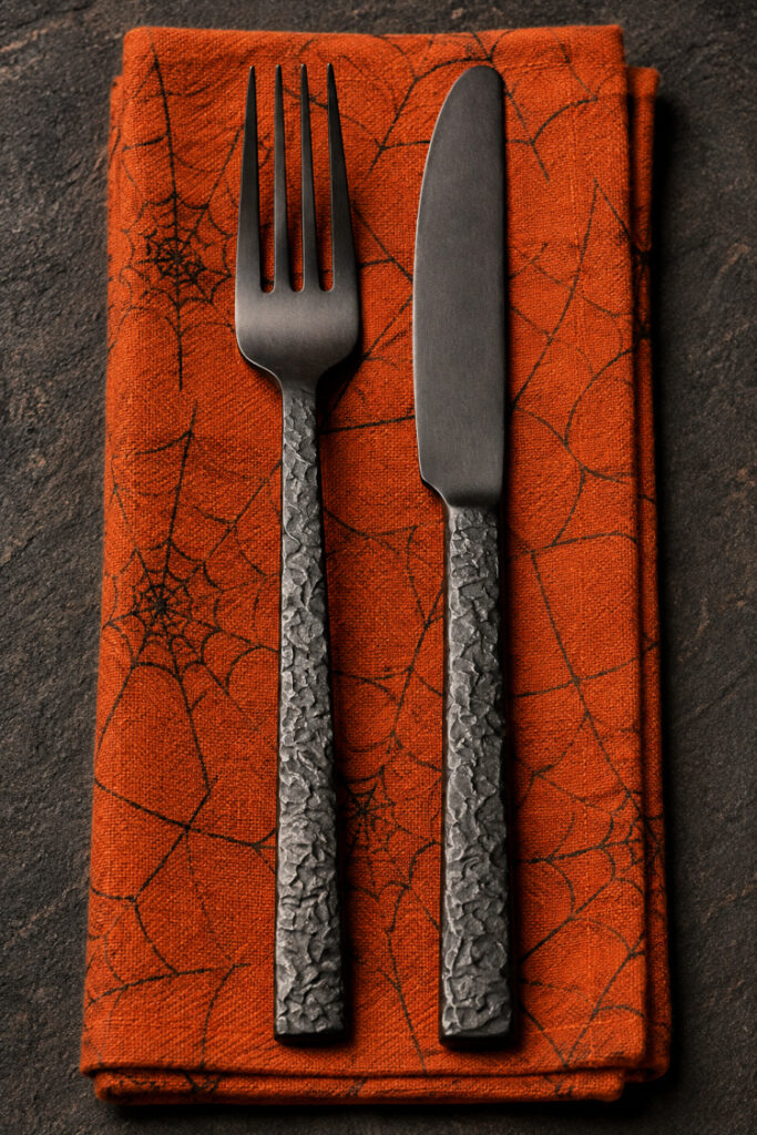 Matte black knife and dinner fork with textured handles displayed on an orange spiderweb-patterned Halloween napkin.