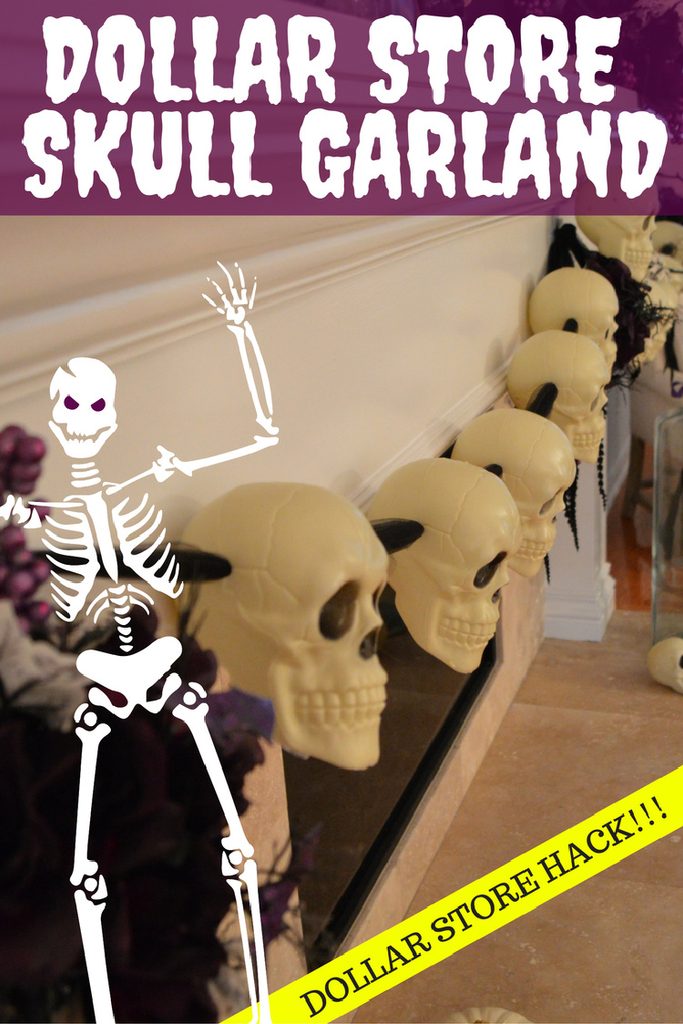 DIY Dollar Store Halloween garland made with a row of plastic skulls displayed along a fireplace mantel.