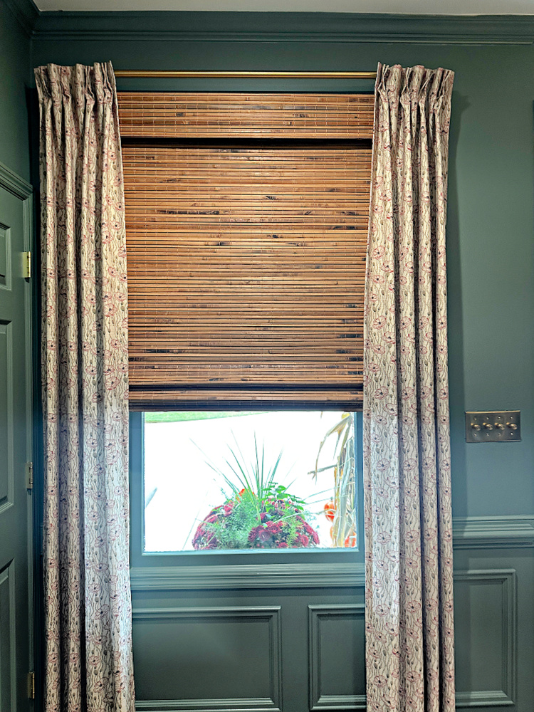 Olive Blush patterned curtains framing the windows at Foxglove Hill.
