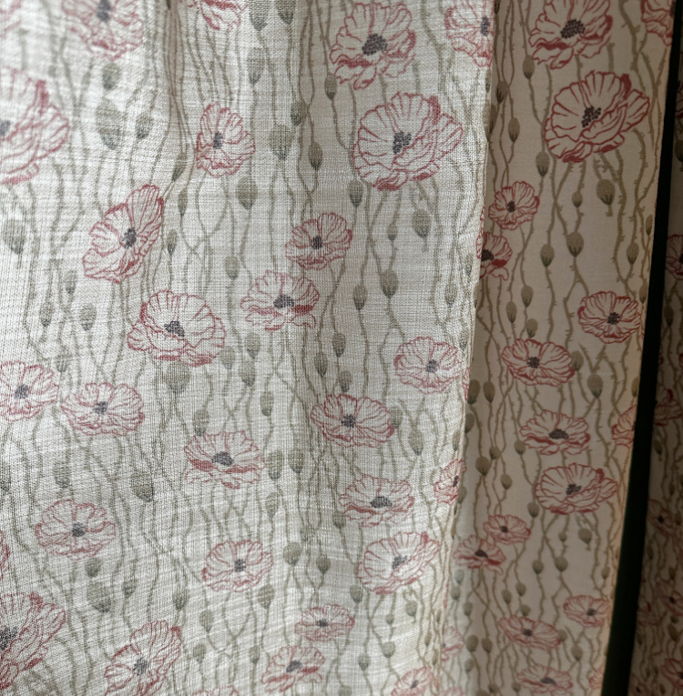Canyon Grove Cotton Print curtains in Olive Blush hung from Cato decorative traverse rods.